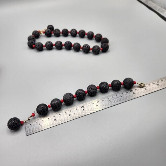 Lava Rock Necklace & Bracelet Set 18" + 3" Red Spacer Beads Lobster Clasp - Picture 8 of 10